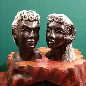 Vintage Frank Schirman Hawaiian Black Coral Busts Kapiolani & Kanoa Figurines